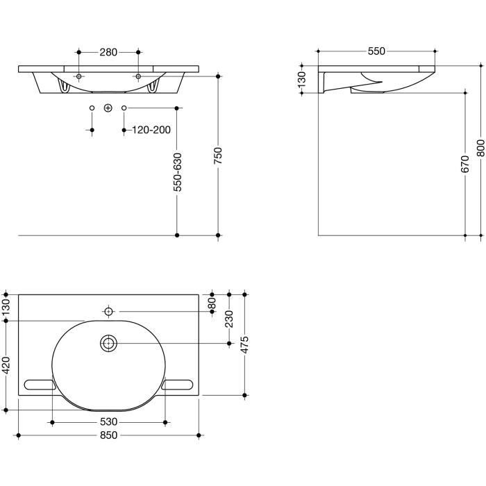 HEWI Universal Waschtisch 85 x 55 cm mit 1 Hahnloch, ohne Überlauf