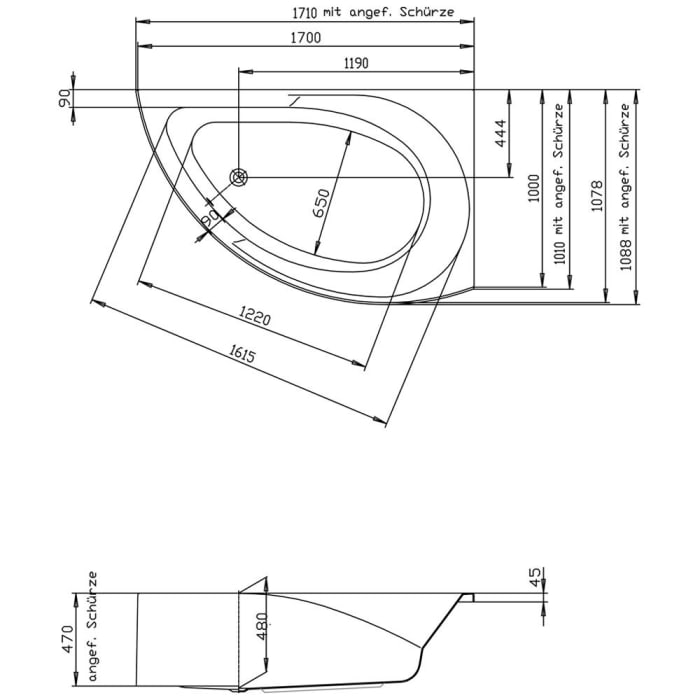 Hoesch Spectra Eck-Badewanne 170 x 100 cm rechte Ausführung mit 4 LED Scheinwerfern und angeformter Schürze