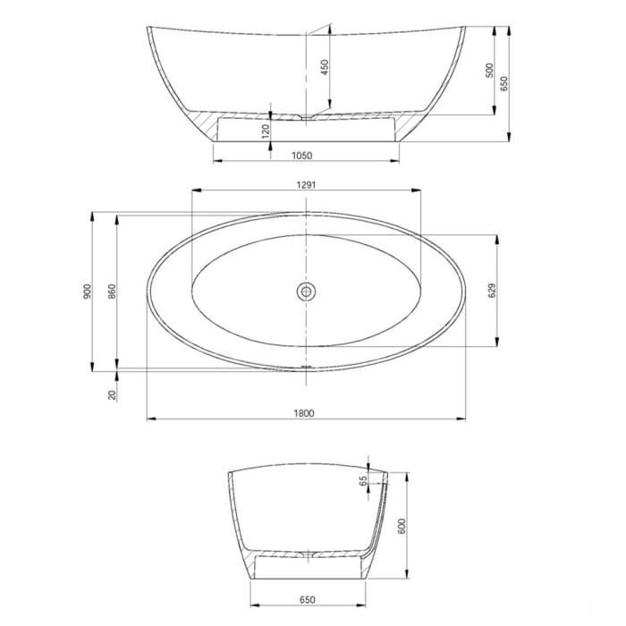 Hoesch Namur Oval-Badewanne 180 x 90 cm freistehend