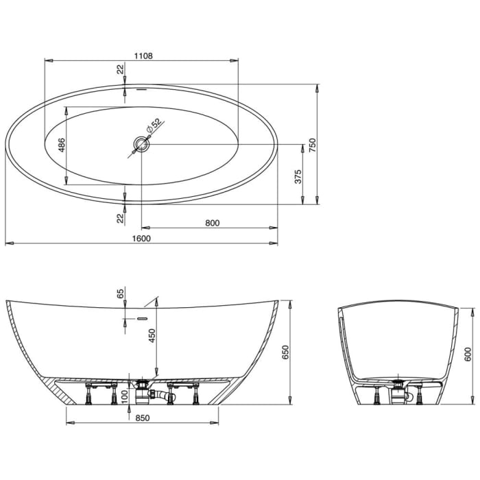 Hoesch Namur Oval-Badewanne 160 x 75 cm freistehend