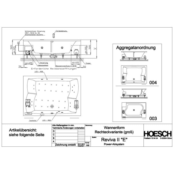Hoesch Largo Rechteck-Whirlpool 200 x 140 cm mit Reviva II Power+Air