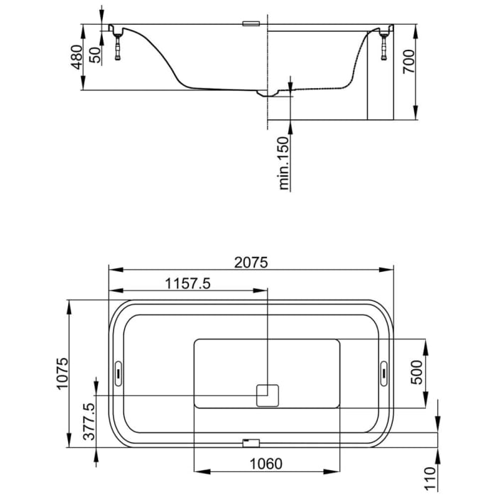 Hoesch Ergo+ Rechteck-Badewanne 207,5 x 107,5 cm, inkl. Bedienfeld für Ablauf