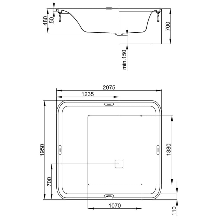 Hoesch Ergo+ Rechteck-Badewanne 207,5 x 195 cm, inkl. Bedienfeld für Ablauf