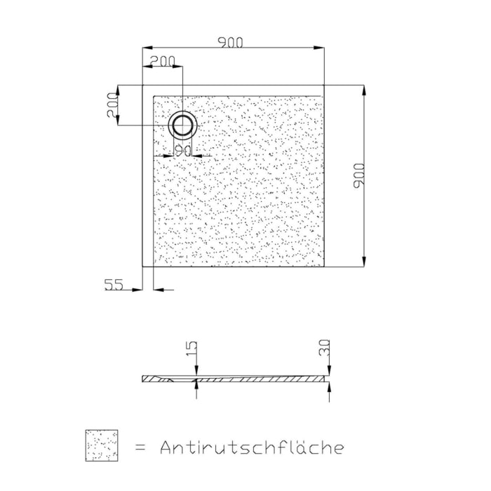 Hoesch Muna Rechteckduschwanne 90 x 90 cm mit Eck-Ablauf und Antirutschoberfläche