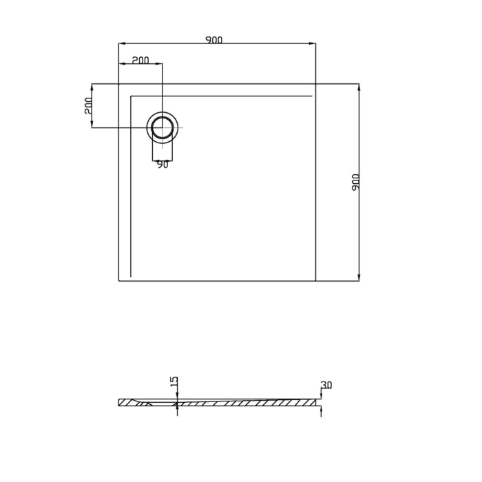 Hoesch Muna Rechteckduschwanne 90 x 90 cm mit Eck-Ablauf