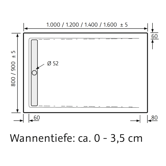 HSK Acryl-Duschwanne Superflach 90 x 100 mit integrierter weißer Ablaufrinne schmal