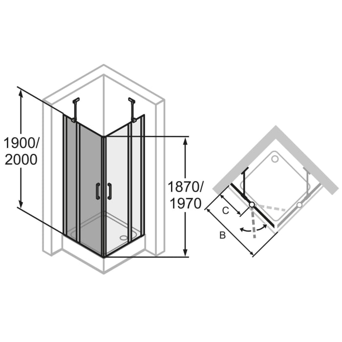 HÜPPE Classics 2 Schwingtür mit Festteil für Seitenwand/Eckeinstieg im Sondermaß, Glas mit Anti-Plaque