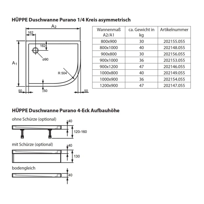 HÜPPE Purano Viertelkreisduschwanne 100 x 80 cm