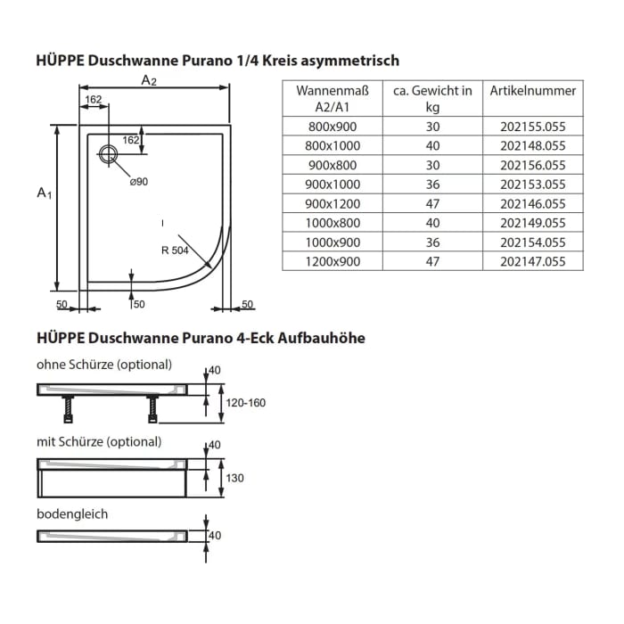 HÜPPE Purano Viertelkreisduschwanne 90 x 120 cm