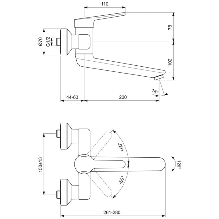 Ideal Standard CeraPlus 2 Wand-Waschtischarmatur, Auslauf 20 cm
