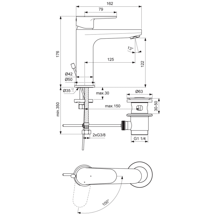 Ideal Standard Cerafine O Einhebel-Waschtischarmatur Grande, BlueStart mit Ablaufgarnitur