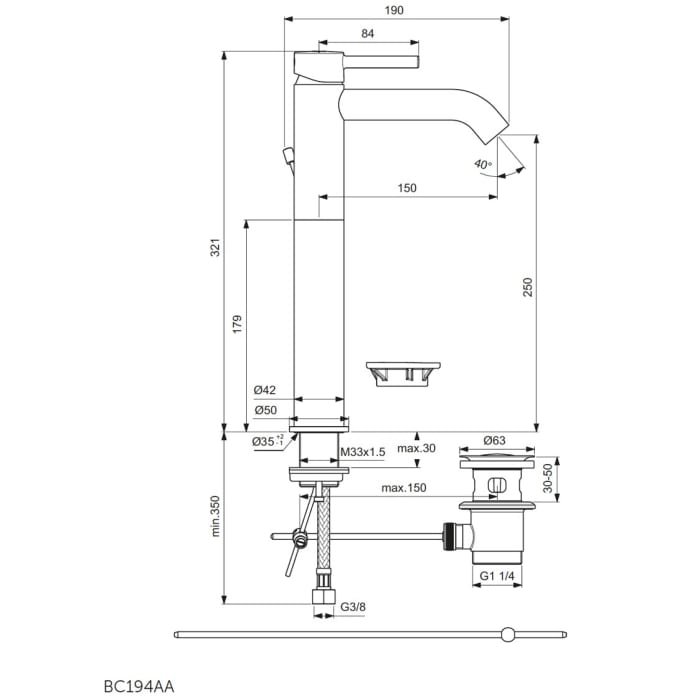 Ideal Standard Ceraline Waschtischarmatur mit verlängertem Sockel