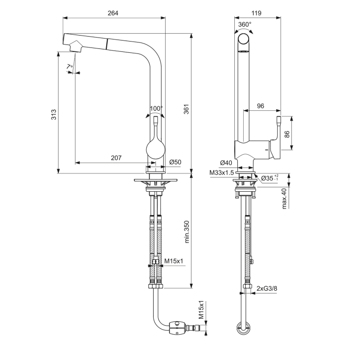 Ideal Standard CERALOOK Küchenarmatur, ausziehbare Handbrause