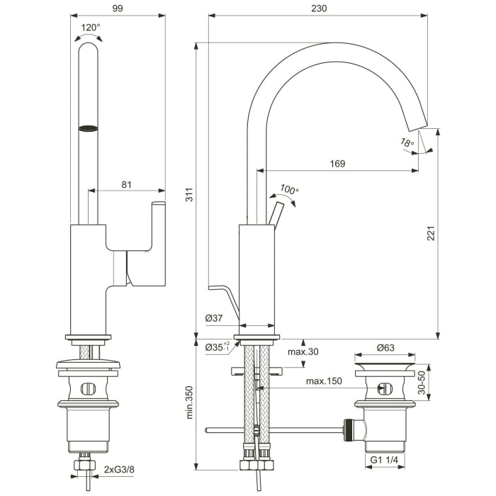 Ideal Standard Joy Waschtischarmatur mit hohem Auslauf und Ablaufgarnitur