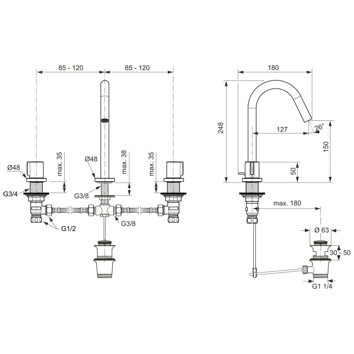 Ideal Standard Joy 3-Loch Waschtischarmatur mit Ablaufgarnitur