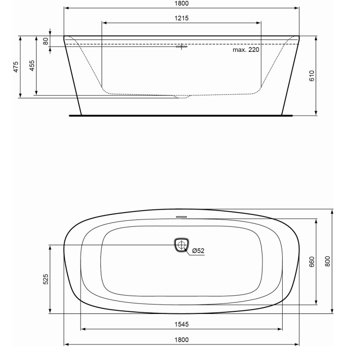 Ideal Standard Dea freistehende Körperform-Badewanne 180 x 80 cm, inkl. Ab- und Überlauflaufgarnitur