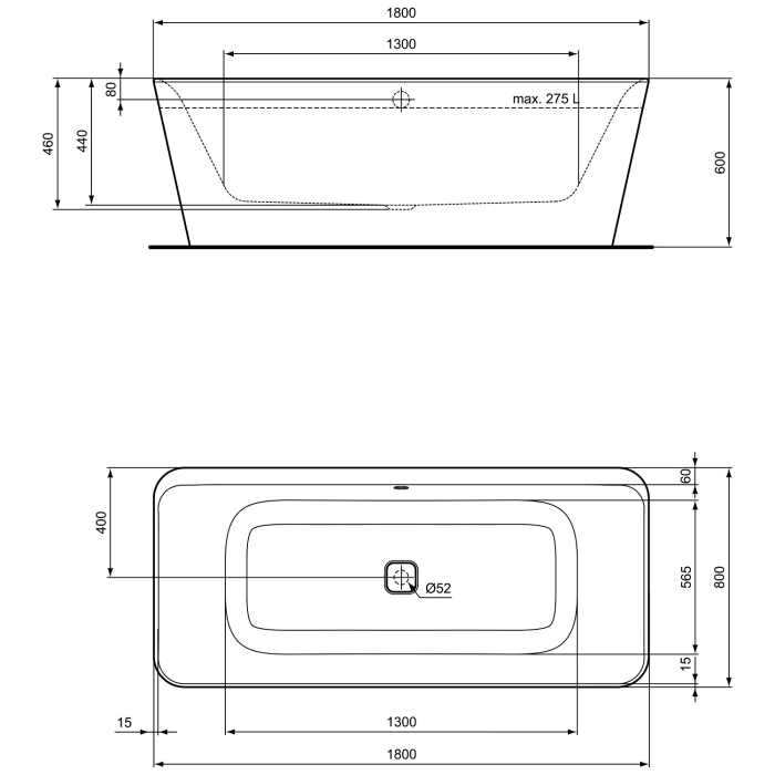 Ideal Standard Tonic II freistehend Körperform-Badewanne 180 x 80 cm, inkl. Ab- und Überlauflaufgarnitur und Wannenfüllfunktion