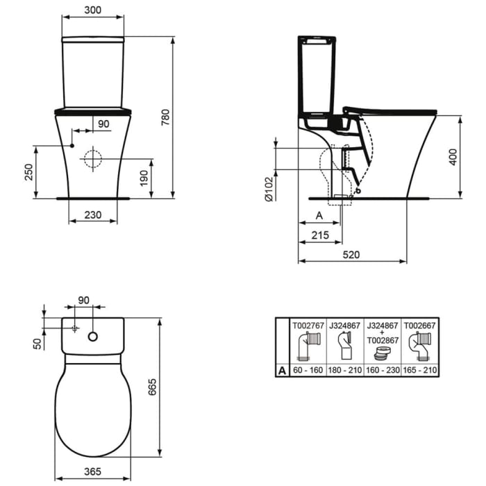 Ideal Standard Connect Air Standtiefspül-WC Kombination AquaBlade, Abgang außen waagerecht