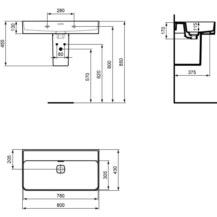 Ideal Standard Strada II Waschtisch 80 cm ohne Hahnloch, geschliffen