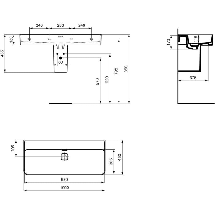 Ideal Standard Strada II Waschtisch 100 cm ohne Hahnloch, geschliffen