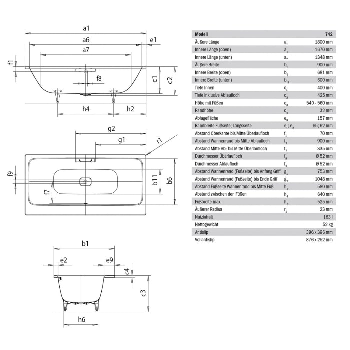 Kaldewei Asymmetric Duo 742 Badewanne 180 x 90 cm mit Perl-Effekt