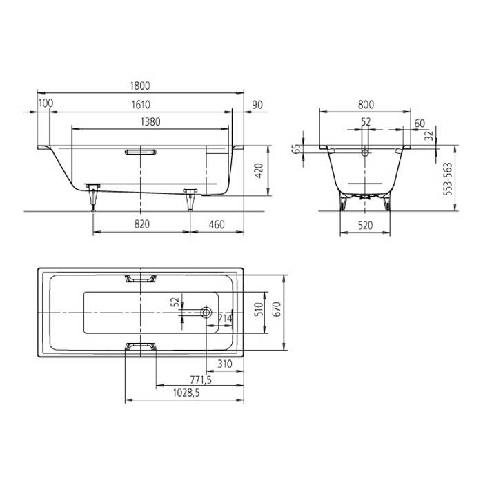 Kaldewei PURO 655 Badewanne 180 x 80 cm mit Griffbohrung und Vollantislip