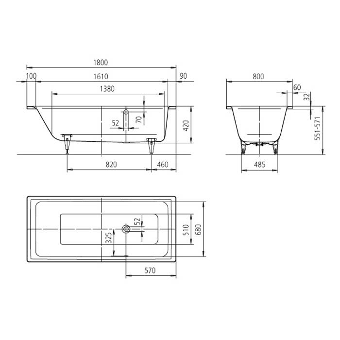 Kaldewei PURO Mod. 657 Badewanne 180 x 80 cm, mit seitl. Überlauf rechts und Perl-Effekt