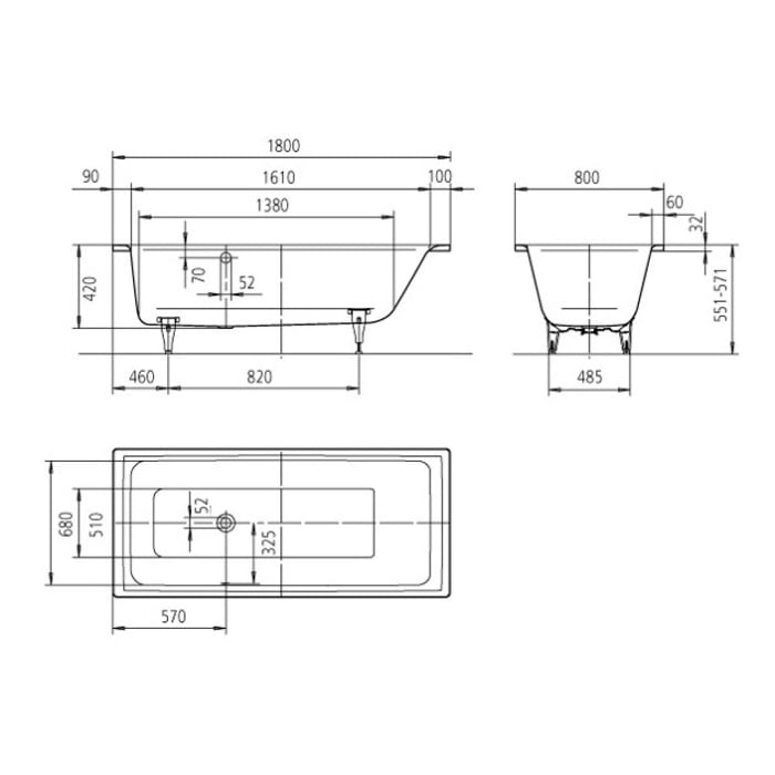 Kaldewei PURO Mod. 657 Badewanne 180 x 80 cm, mit seitl. Überlauf links und Perl-Effekt