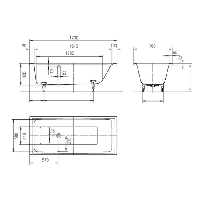 Kaldewei PURO Mod. 688 Badewanne 170 x 70 cm, mit seitl. Überlauf links