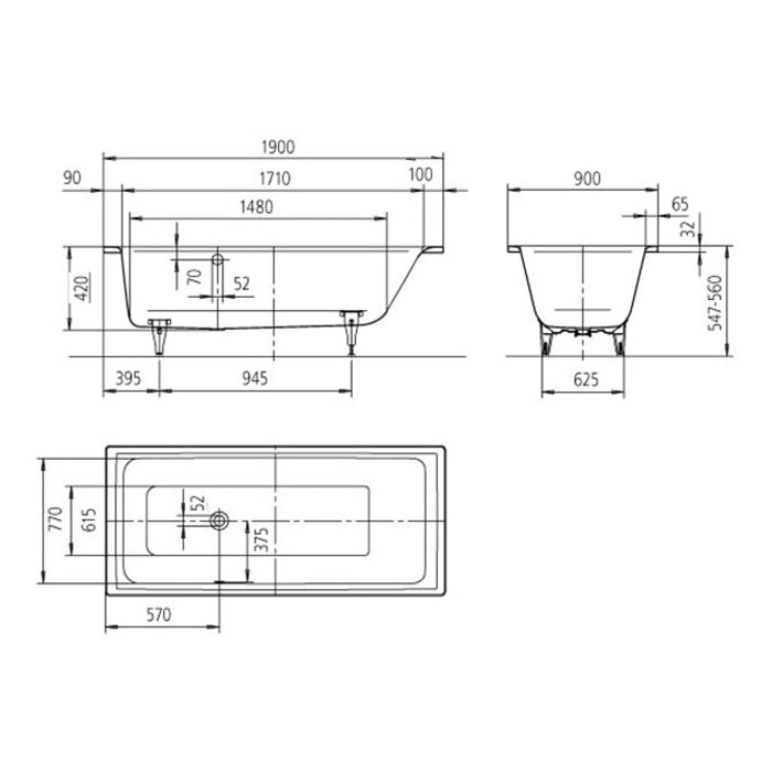 Kaldewei PURO Mod. 697 Badewanne 190 x 90 cm, mit seitl. Überlauf links