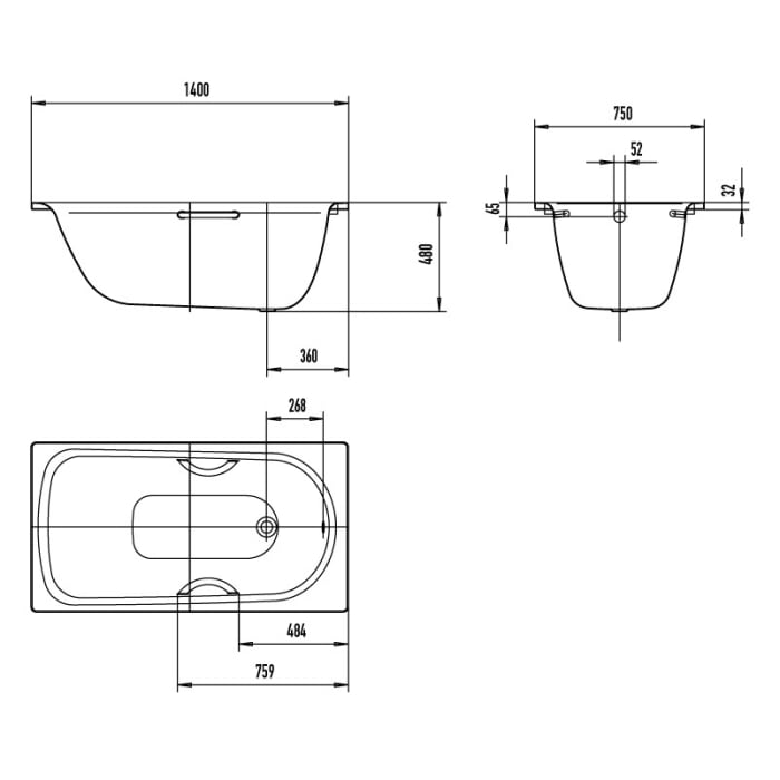 Kaldewei SANIFORM PLUS STAR Mod. 344 Badewanne 140 x 75 cm, mit Grifflöcher