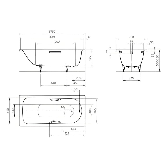 Kaldewei SANIFORM STAR Mod. 338 Badewanne 175 x 75 cm, mit Grifflöcher