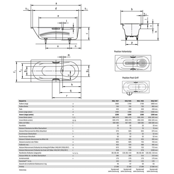 Kaldewei Vaio Set 946 Badewanne 180 x 80 cm Überlauf rechts