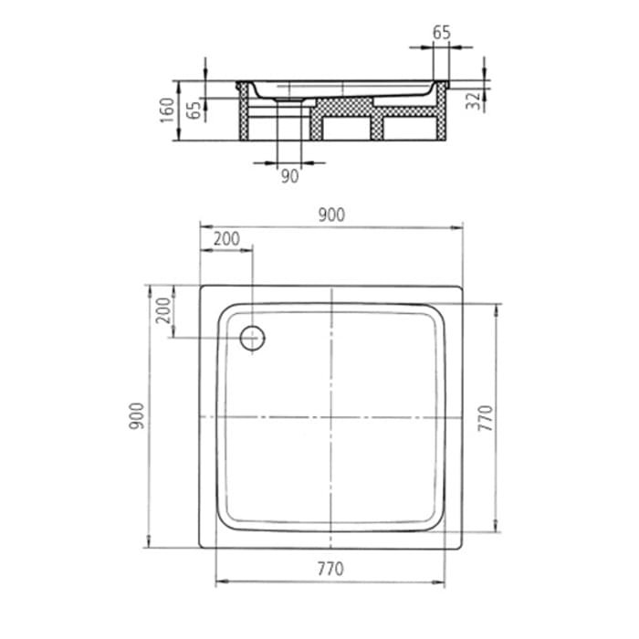 Kaldewei Duschplan 545-2 Duschwanne 90 x 90 x 6,5 cm mit Wannenträger