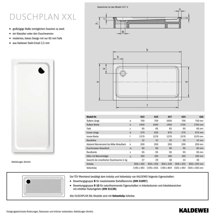 Kaldewei Duschplan 426-2 Duschwanne 75 x 170 x 6,5 cm mit Wannenträger
