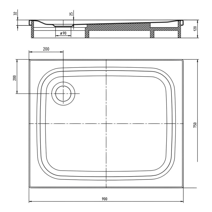 Kaldewei SUPERPLAN CLASSIC 387-2 Duschwanne 75 x 90 cm mit Secure Plus, inkl. Wannenträger