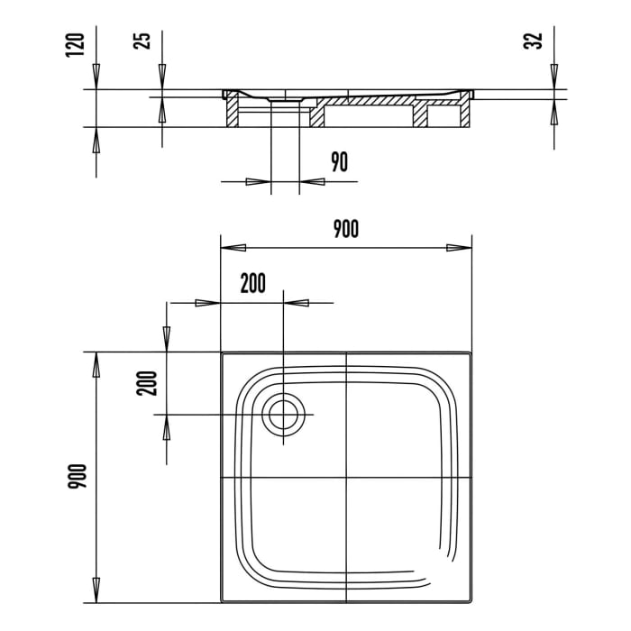 Kaldewei SUPERPLAN CLASSIC 390-2 Duschwanne 90 x 90 cm mit Perl-Effekt, inkl. Wannenträger