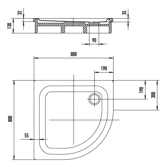 Kaldewei Zirkon 600-2 Viertelkreis-Duschwanne 80 x 80 x 3,5 cm mit Wannenträger und Antislip