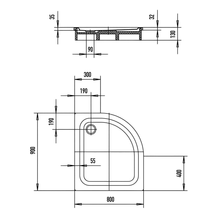 Kaldewei Zirkon 601-2 Viertelkreis-Duschwanne 80 x 90 x 3,5 cm mit Wannenträger