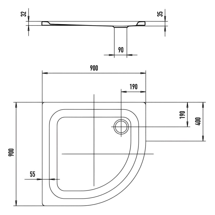 Kaldewei Zirkon 604-1 Viertelkreis-Duschwanne 90 x 90 x 3,5 cm mit Antislip