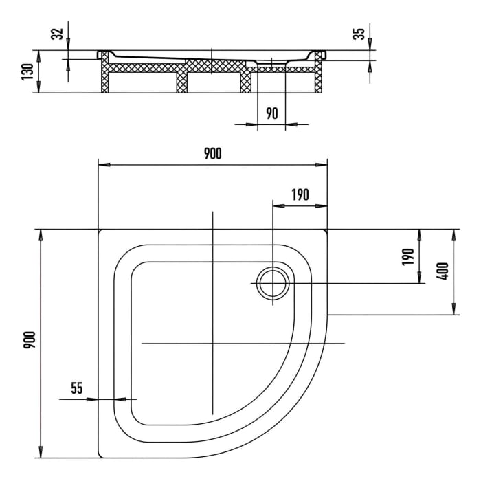 Kaldewei Zirkon 604-2 Viertelkreis-Duschwanne 90 x 90 x 3,5 cm mit Wannenträger