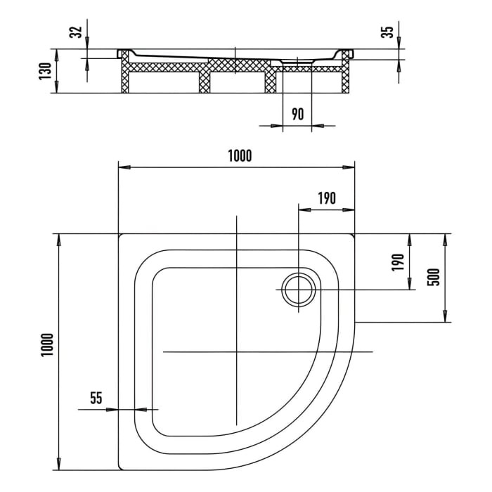 Kaldewei Zirkon 606-2 Viertelkreis-Duschwanne 100 x 100 x 3,5 cm mit Wannenträger