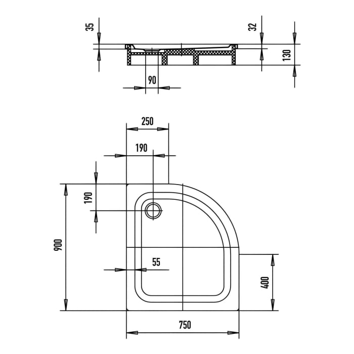 Kaldewei Zirkon 502-2 Viertelkreis-Duschwanne 75 x 90 x 3,5 cm mit Wannenträger