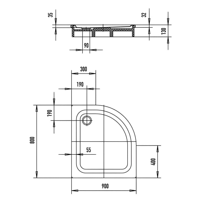 Kaldewei Zirkon 603-2 Viertelkreis-Duschwanne 90 x 80 x 3,5 cm mit Wannenträger