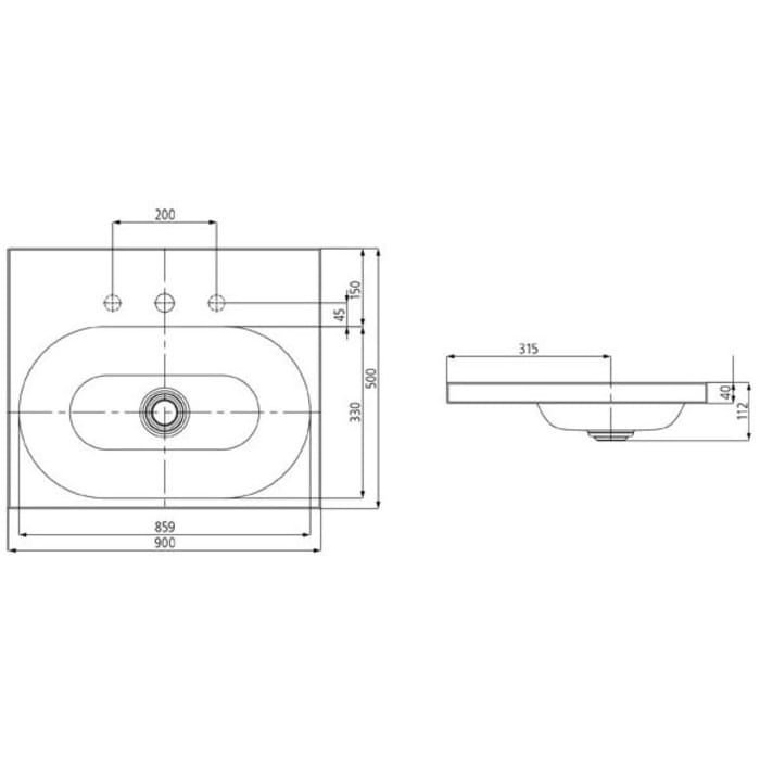 Kaldewei CENTRO Aufsatzwaschtisch 3056 mit 1 Hahnlochbohrung, 90 cm