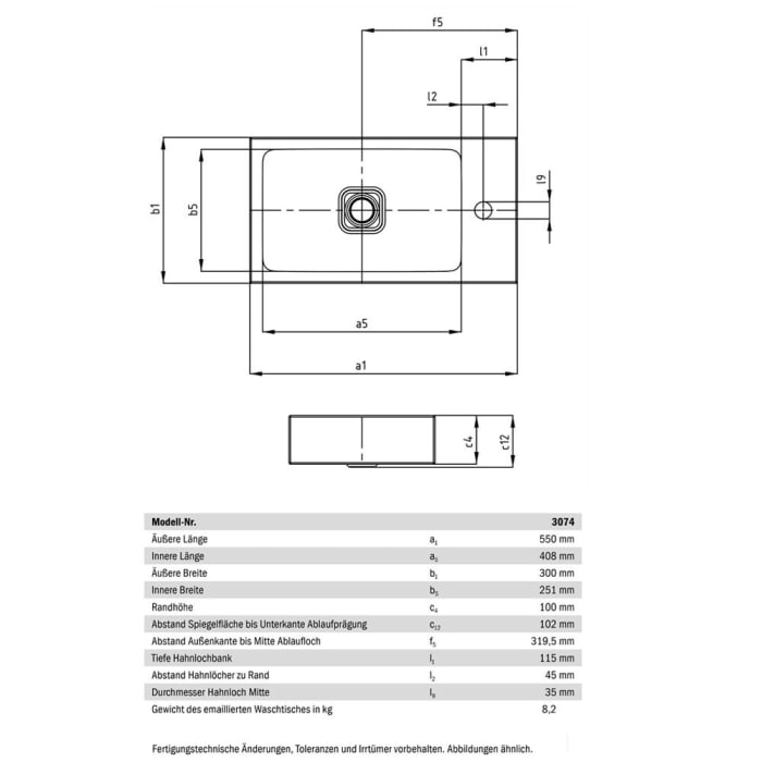 Kaldewei CONO Aufsatz- Handwaschtisch 3074 ohne Hahnlochbohrung, 55 cm
