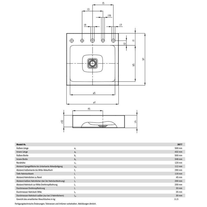 Kaldewei CONO Aufsatzwaschtisch 3077 mit 1 Hahnlochbohrung, 50 cm