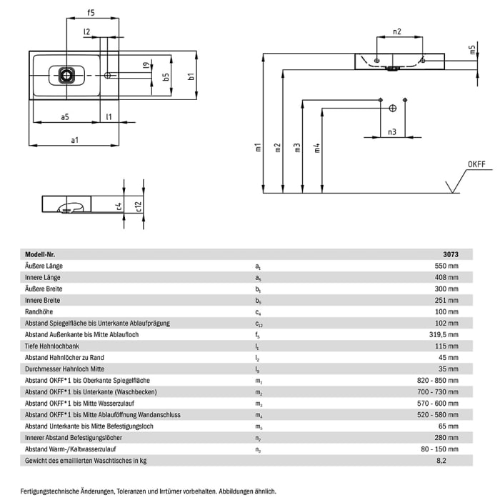 Kaldewei CONO Wandwaschtisch 3079 ohne Hahnlochbohrung, 50 cm