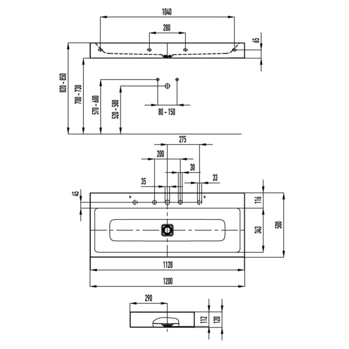 Kaldewei CONO Wandwaschtisch 3091 mit 1 Hahnlochbohrung, 120 cm