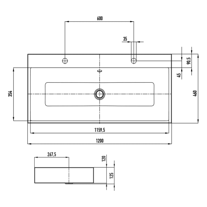 Kaldewei PURO Aufsatz- Doppelwaschtisch 3168 mit 2 Hahnlochbohrungen, 120 cm